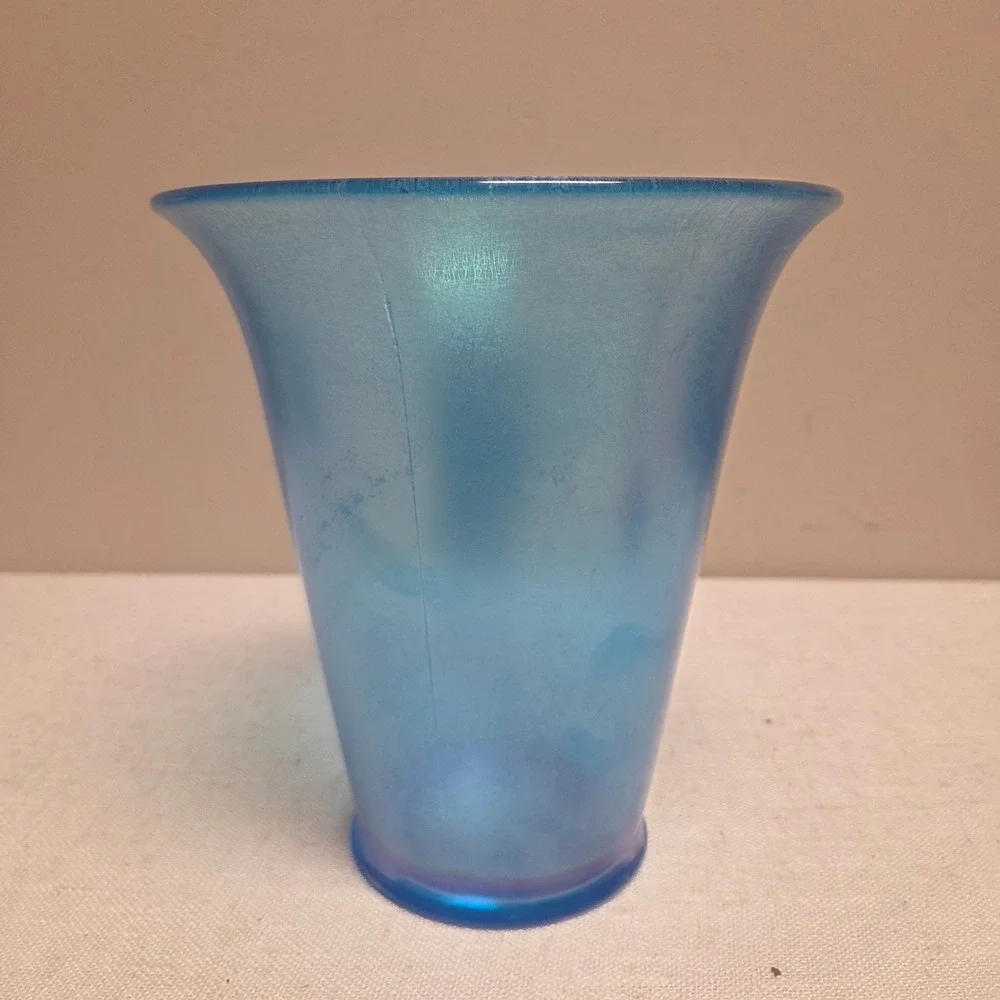 Vintage Blue Iridescent Satin Glass Vase Flared Rim